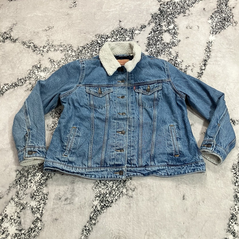 Levi's Sherpa Trucker Denim Jacket Blue Button Front Women's Plus Size 1X